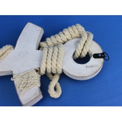 Wooden Rustic Whitewash Anchor w/ Hook Rope and Shells 24"